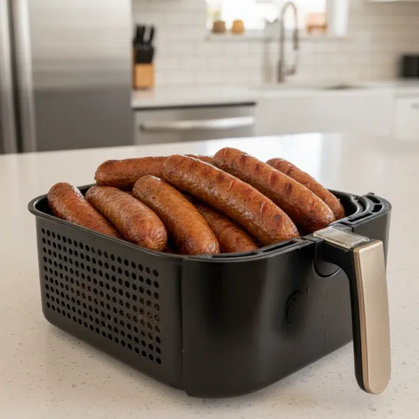Crispy hot dogs and sausages cooking in an air fryer basket, showing even browning.