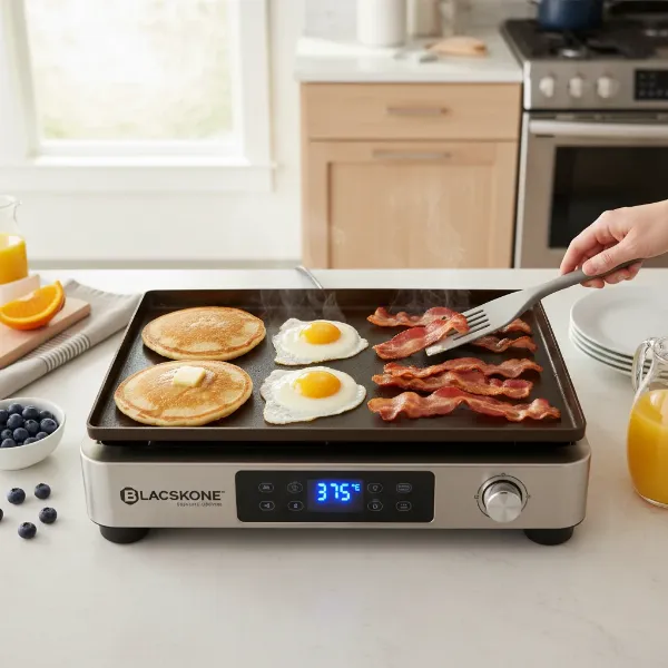 Blackstone E-Series electric griddle cooking breakfast indoors with a visible LCD display.