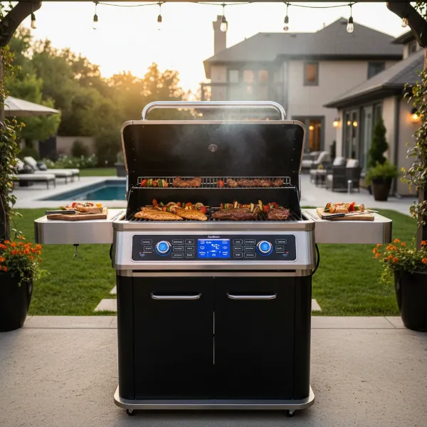 Full-sized Char-Broil Smart-E Electric Barbecue with a modern LED interface.