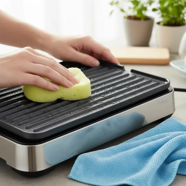 A person cleaning an electric indoor grill after cooking, highlighting easy maintenance.