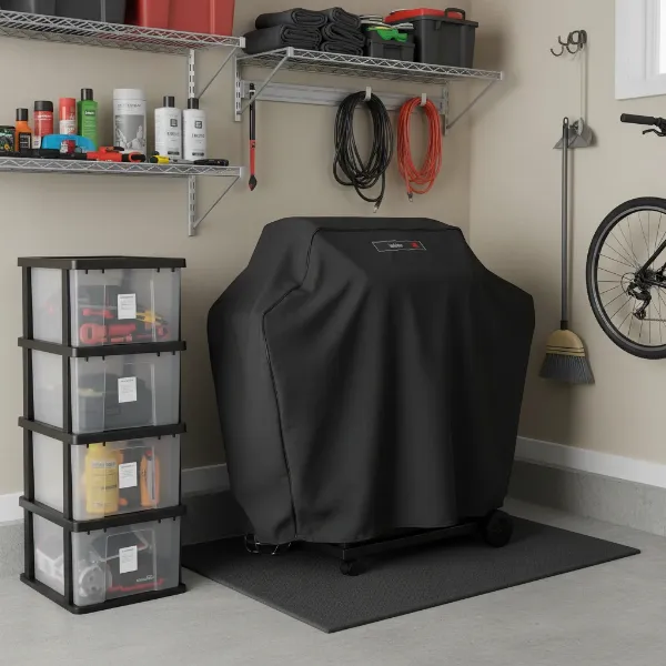 An electric grill securely stored indoors under a protective cover, emphasizing neatness and careful storage