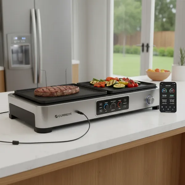 Current Model G Dual Zone Electric Grill with app control and temperature probes.