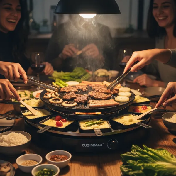CUSIMAX Raclette Grill Electric Grill featuring both grill top and individual raclette pans with Korean BBQ ingredients.