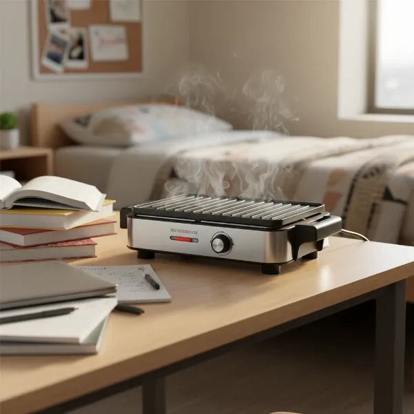 A compact electric grill on a dorm desk next to textbooks, ready for cooking a quick meal.