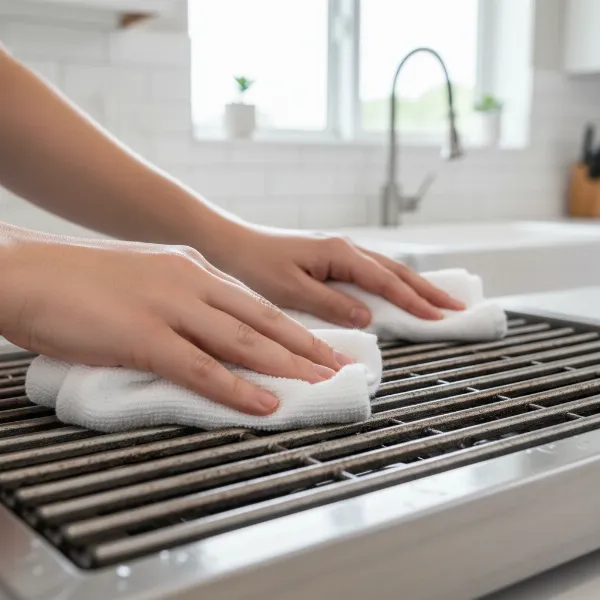 A person wiping down clean electric grill grates with a towel to prevent rust