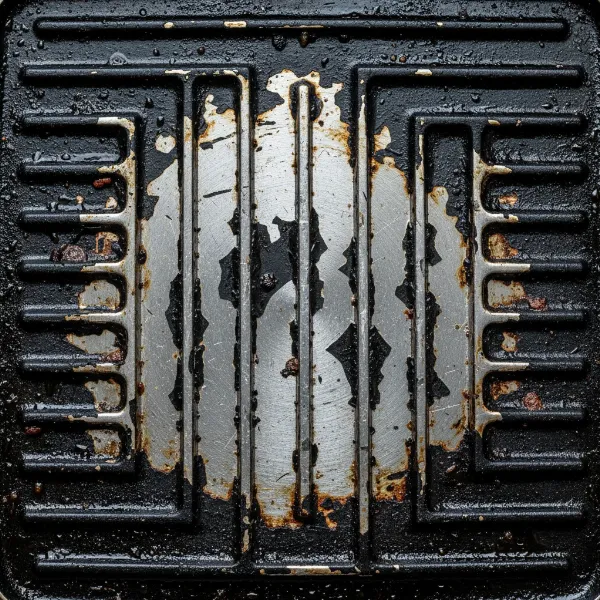 Close-up of an electric grill plate with noticeable peeling and scratches on the non-stick surface