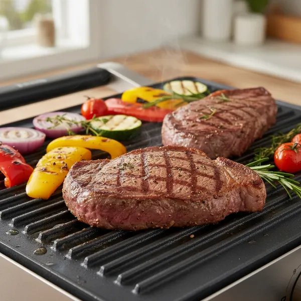 Delicious food sizzling on an electric grill with perfect sear marks, highlighting natural flavors