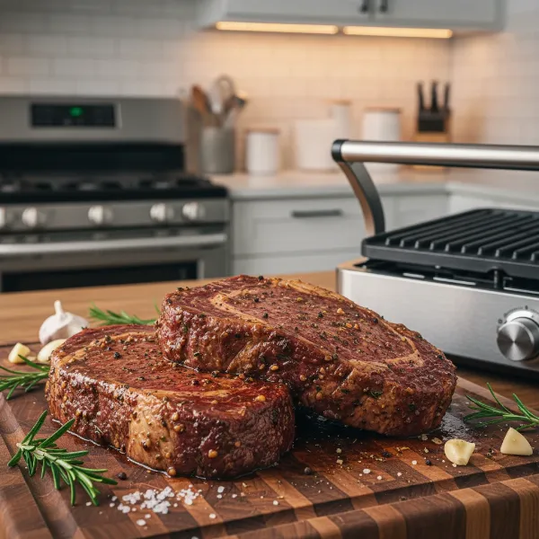 Marinated beef steaks resting before being placed on a sleek electric grill for a flavorful indoor grilling experience.