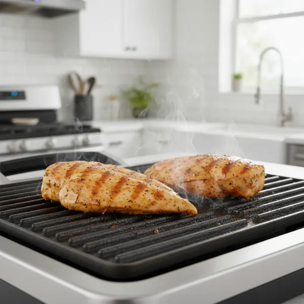 Sizzling marinated chicken breasts cooking on a non-stick electric grill with visible grill marks and steam.