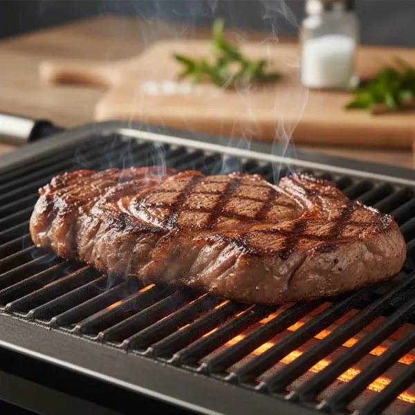 A close-up of a steak on an electric grill with perfect, dark crosshatch grill marks, smoke rising.