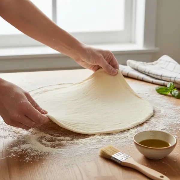 Preparing pizza dough by stretching and oiling before placing it on an electric grill