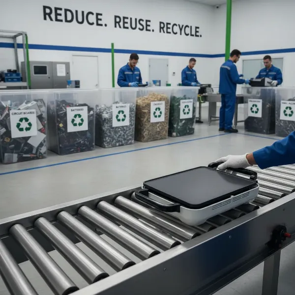 A clean, old electric grill being dropped off at an electronics recycling center, with sorting bins in the background.