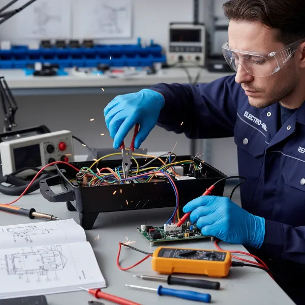 Professional technician repairing an electric grill's internal wiring