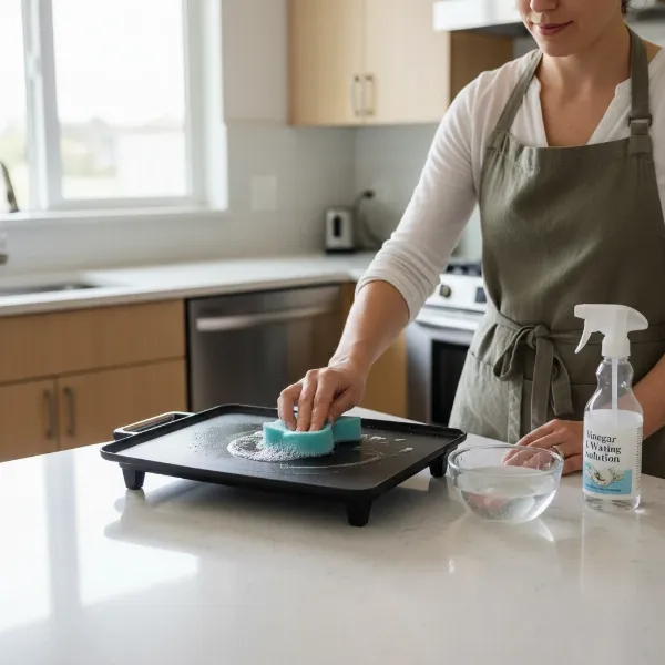 Woman cleaning an electric grill plate with a vinegar solution and a soft sponge