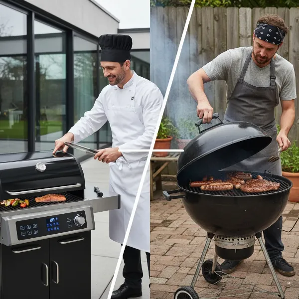 Visual comparison of a modern electric grill and a classic charcoal grill for beginners.