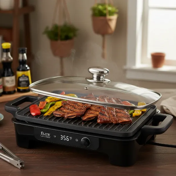 Elite Gourmet EMG-980B Electric Tabletop Grill with its tempered glass lid and sizzling Korean BBQ.