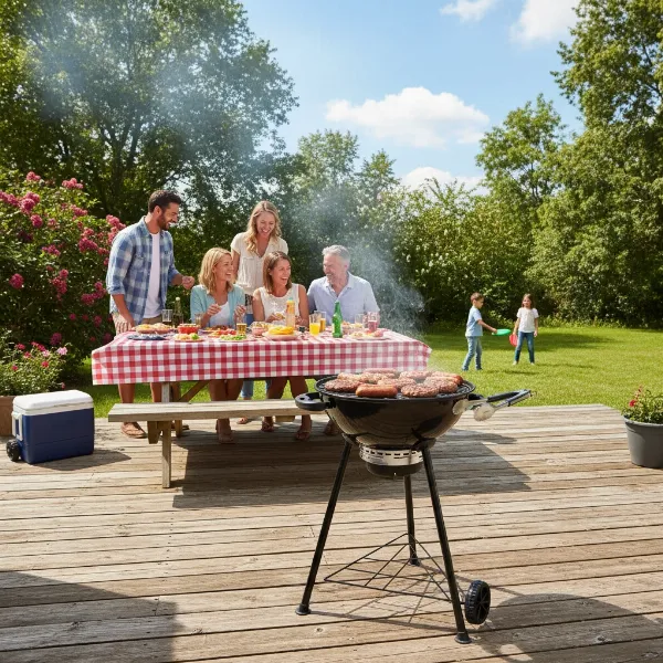 George Foreman 15-Serving Indoor/Outdoor Electric Grill used for a family barbecue.