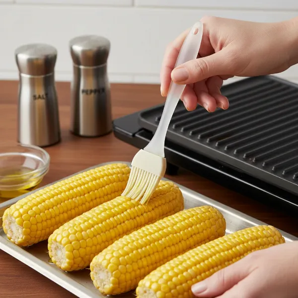 Fresh corn cobs being prepared for grilling on an indoor electric grill with oil and seasoning.