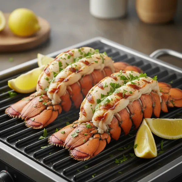 Succulent grilled lobster tails perfectly cooked on an electric grill with lemon and herbs