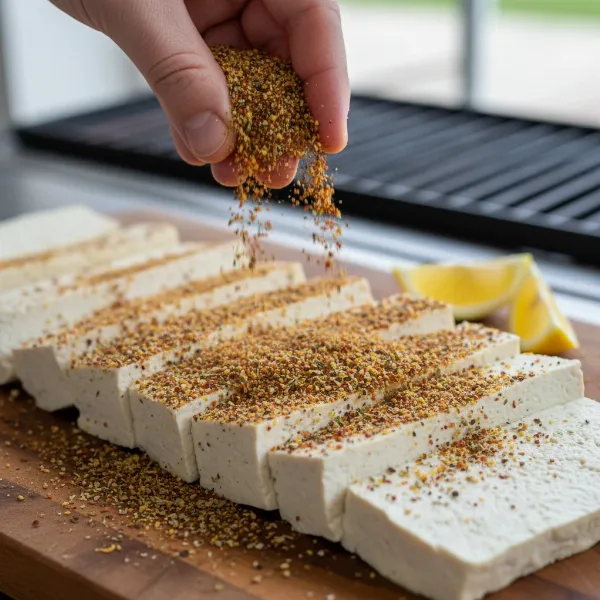 A chef applies a vibrant dry rub to thick slices of pressed extra-firm tofu before grilling, emphasizing flavor.