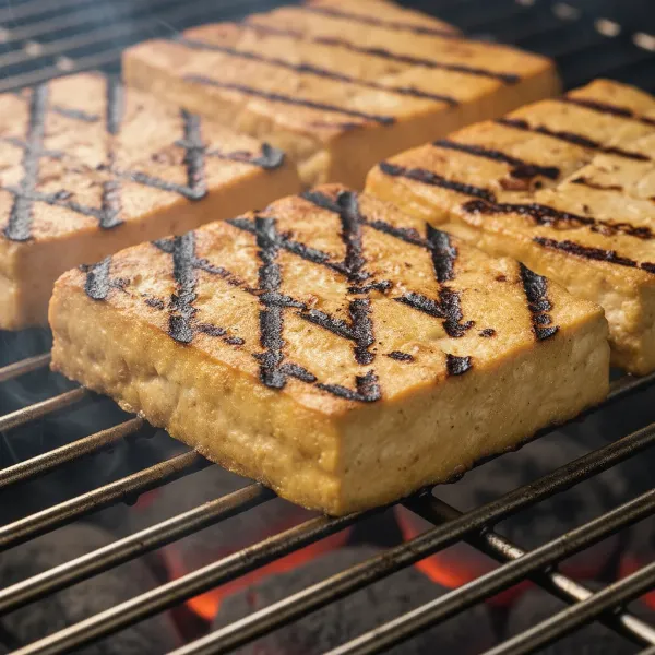Perfectly grilled tofu slabs with distinct char marks resting on clean grill grates, showcasing expert technique.
