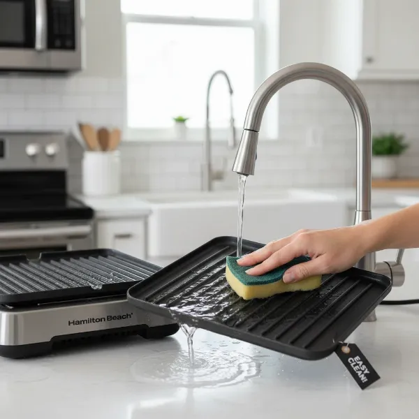 Close-up of a Hamilton Beach 3-in-1 grill with removable, dishwasher-safe plates being cleaned, emphasizing ease of maintenance. 