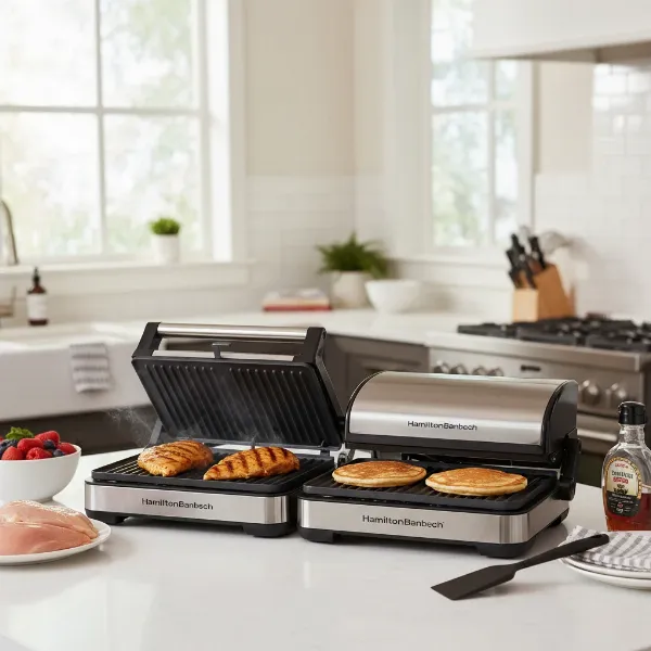 A Hamilton Beach 3-in-1 grill transitioning from closed grill to open flat griddle, showcasing its versatility with different foods like pancakes and grilled chicken.