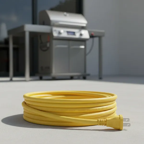 A robust, bright yellow 12-gauge outdoor extension cord coiled on a patio with an electric grill in the background, emphasizing safety and durability.