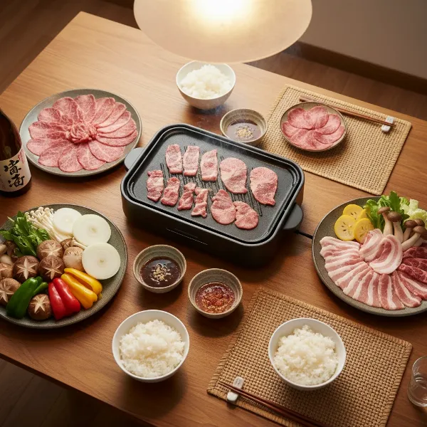 A vibrant home Yakiniku setup with a tabletop grill, platters of raw meat and vegetables, and small bowls of dipping sauces.
