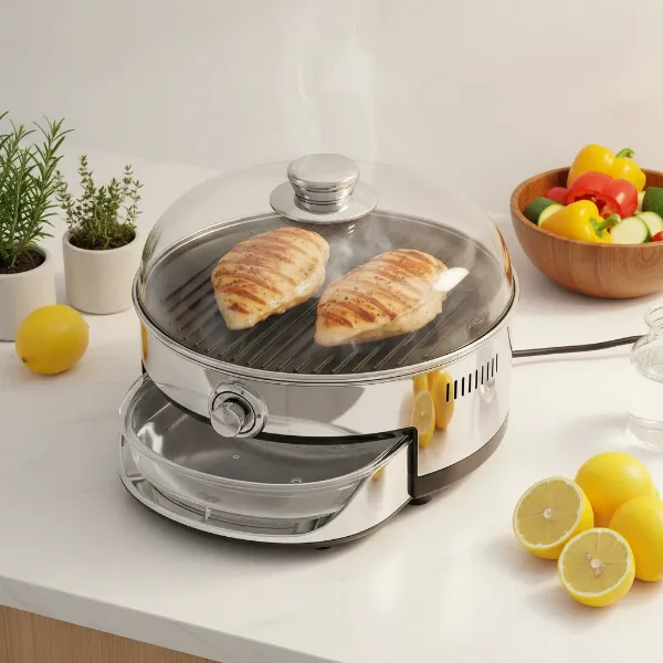 An indoor electric grill with a lid, showing minimal smoke during cooking, with fresh ingredients nearby.