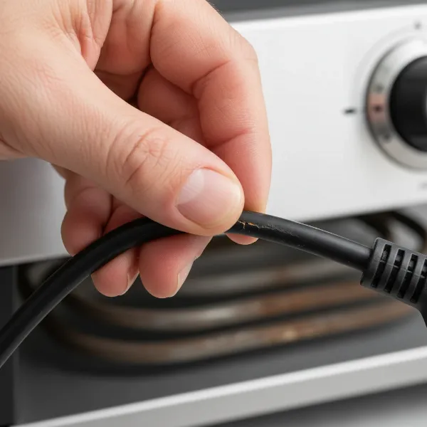 Inspecting a damaged electric grill power cord for visible signs of wear