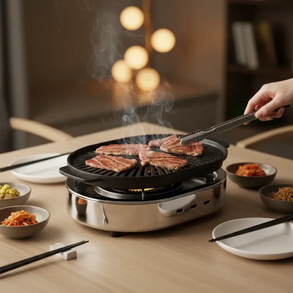 Iwatani Smokeless Korean Barbecue Grill ideal for home Korean BBQ on a dining table with meat sizzling.