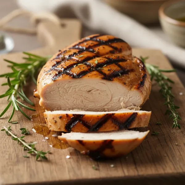 A perfectly grilled, sliced chicken breast showing its juicy interior on a cutting board.