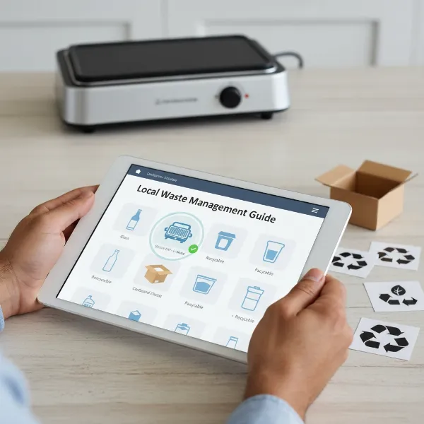 A person reading a local waste management guide on a tablet, with an electric grill icon highlighted, surrounded by recycling symbols.