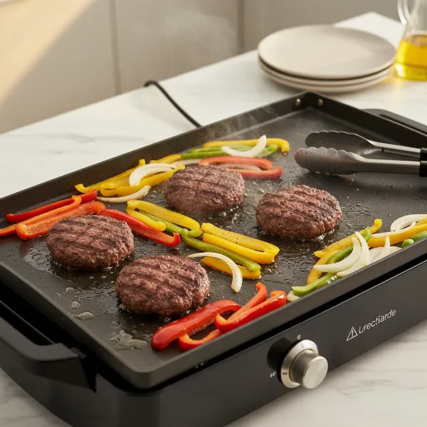 An open electric grill searing burgers and vegetables on a wide, flat cooking surface, illustrating its capacity for multiple items.