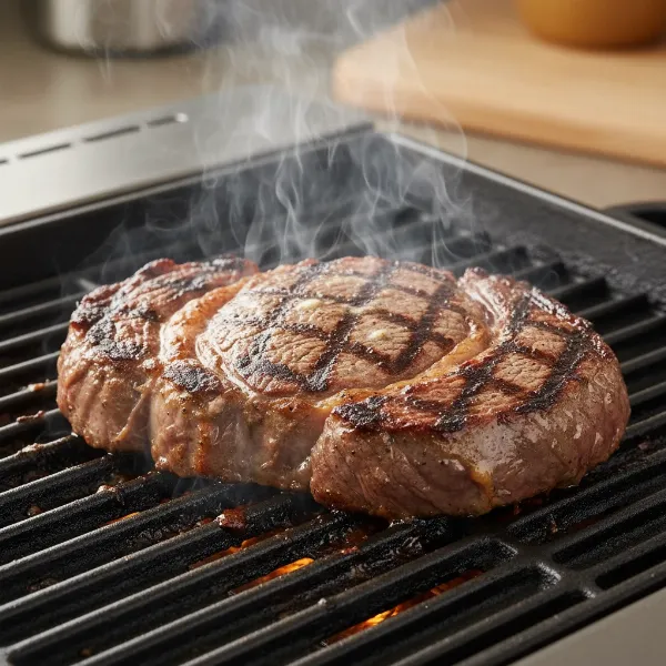 A perfectly cooked medium-rare steak on an electric grill with prominent grill marks.
