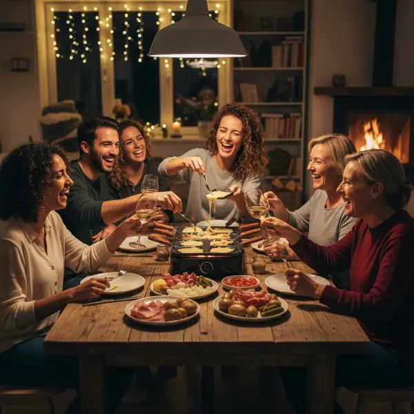 Friends laughing and enjoying a raclette party around a table filled with food