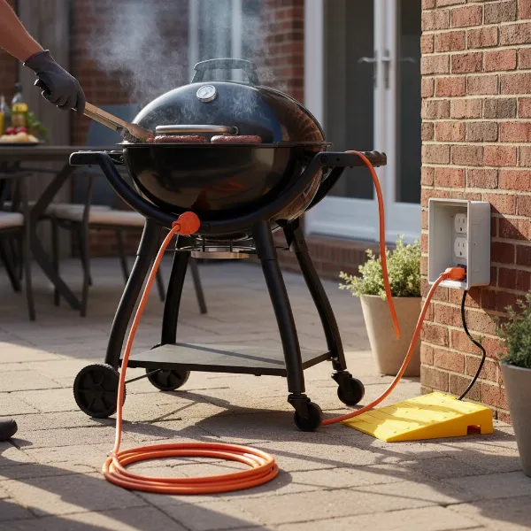 An outdoor electric grill being safely used with a heavy-duty extension cord, showing the cord fully uncoiled and connections protected from elements.