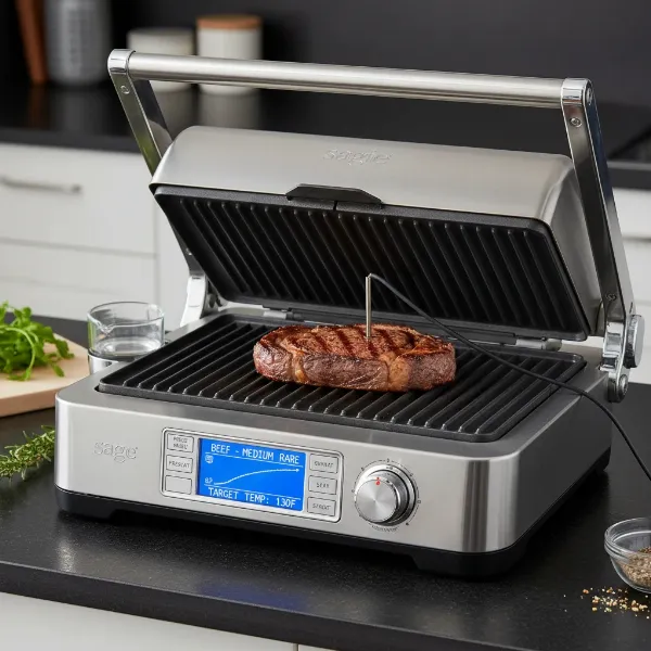 Sage The Smart Grill Pro indoor electric grill with integrated temperature probe.