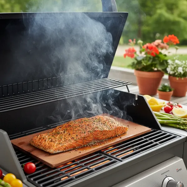 Salmon fillet cooking on a cedar plank on an electric grill