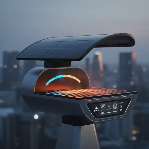 An advanced solar-powered electric grill concept with integrated thermal storage and smart controls, demonstrating nighttime grilling.