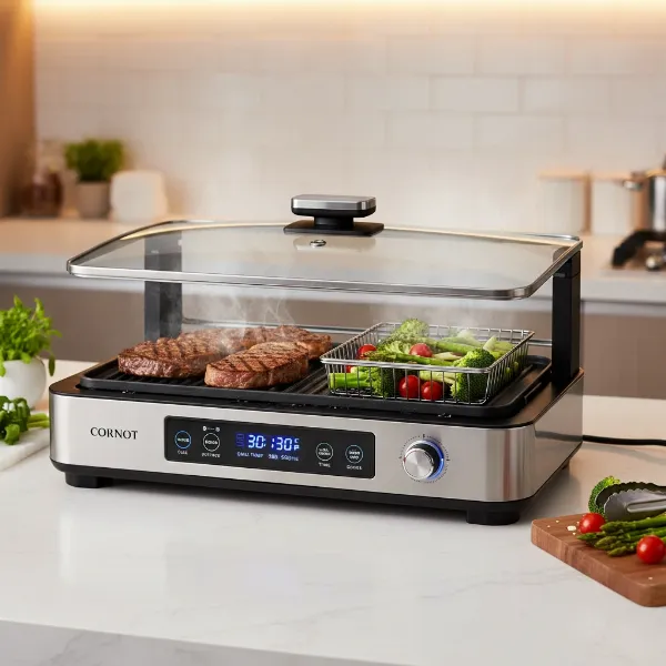 An electric grill with a clear glass lid cooking various foods simultaneously, showing both grilling and steaming functions for versatile cooking in a modern kitchen.