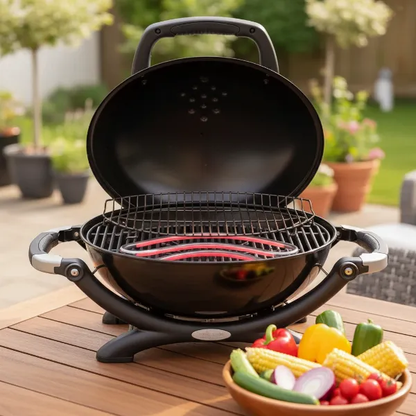 A Weber Q2400 electric grill on a patio table, lid open, showcasing its cast iron grates and electric element, with vibrant grilled vegetables.