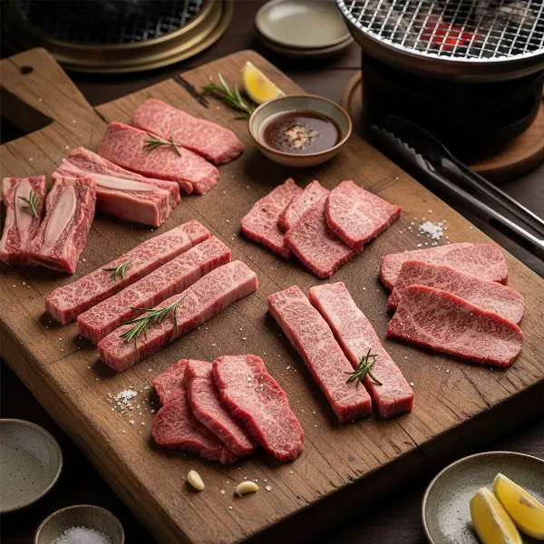 Assortment of thinly sliced beef cuts for Yakiniku, arranged artfully on a wooden board ready for grilling.