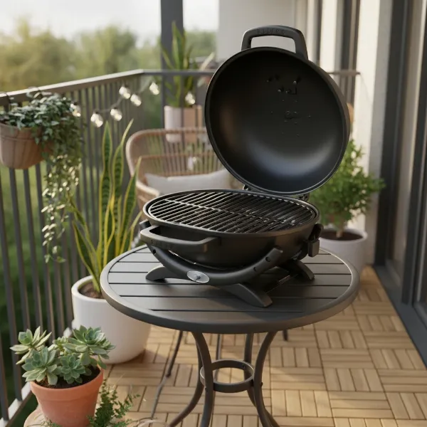Compact Weber Q1400 electric grill on a small apartment patio table