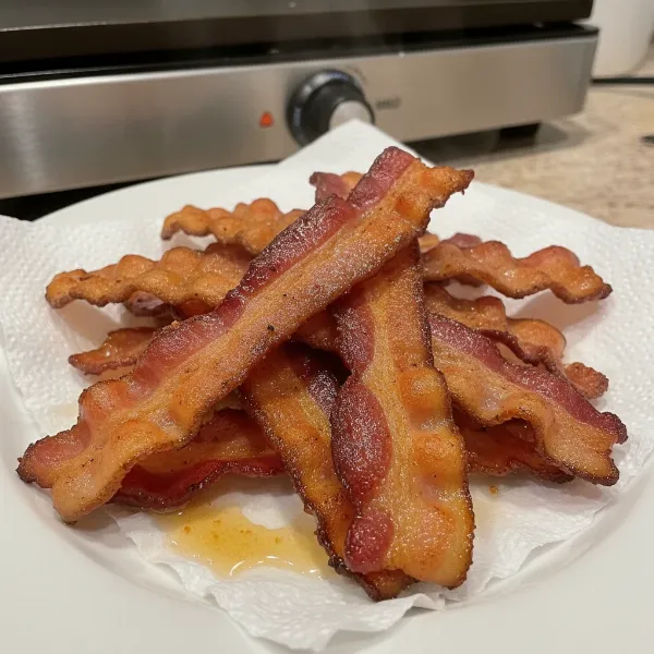 A plate of perfectly cooked, crispy, golden-brown bacon strips from an electric griddle.