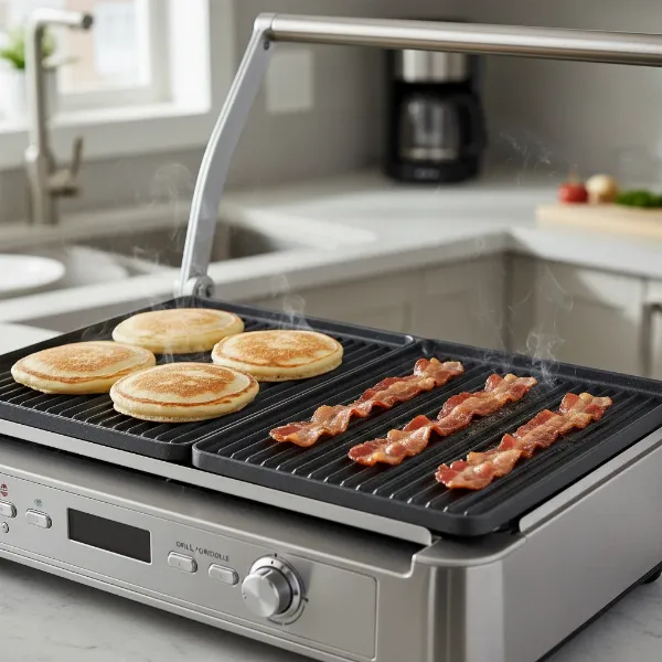 A Cuisinart Griddler in open-flat mode, cooking breakfast foods like pancakes and bacon.