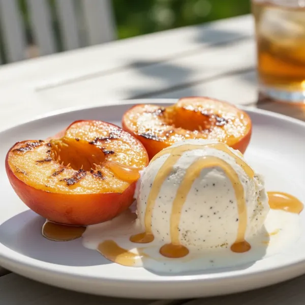 Warm grilled peach halves served in a bowl with a scoop of vanilla ice cream and honey drizzle.