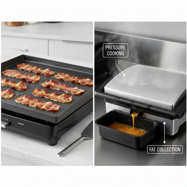 Different electric grills cooking bacon: flat griddle, closed contact grill.