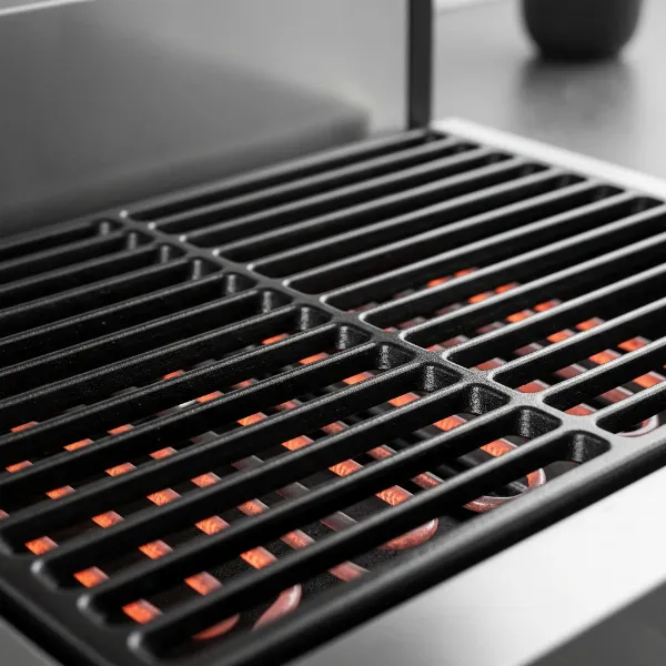 Close-up of shiny, black, well-seasoned cast iron grates on an electric grill